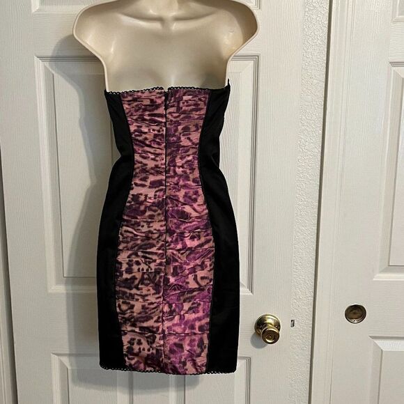 Bebe Black with Purple Leopard Strapless Ruched Dress Size Medium - Picture 4 of 12